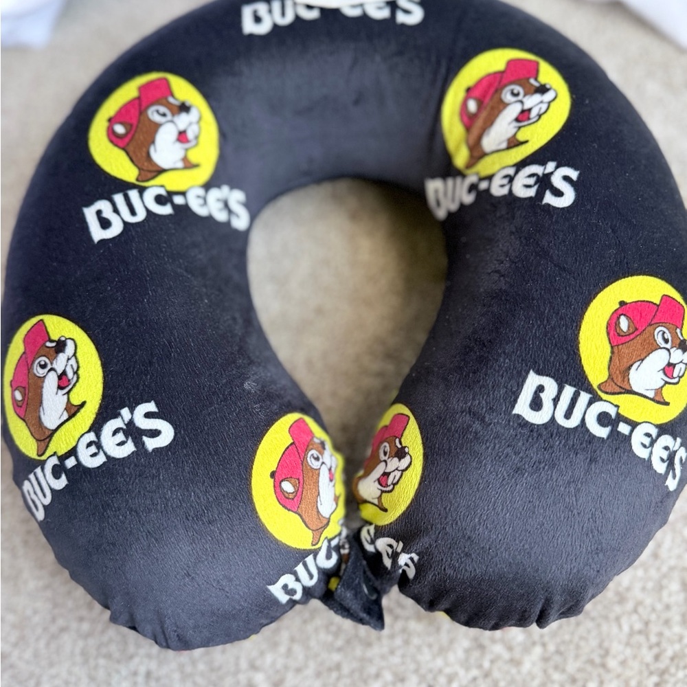 Buc-ee's Black All Over Beaver Logo Print Travel Neck Pillow Snap Closure